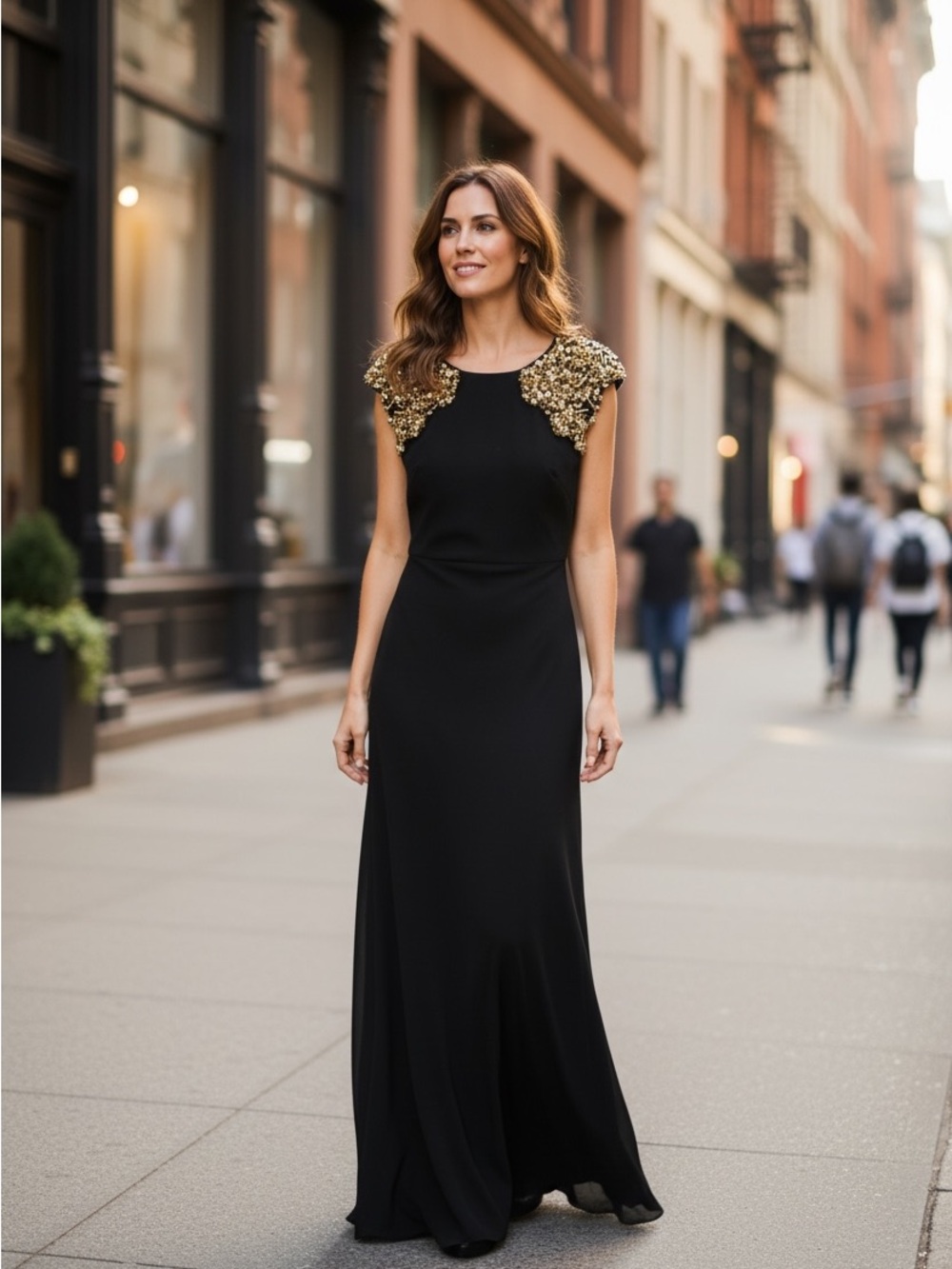 Jovani Black Maxi Dress with Gold Embellished Shoulders Old Money Glam size 0